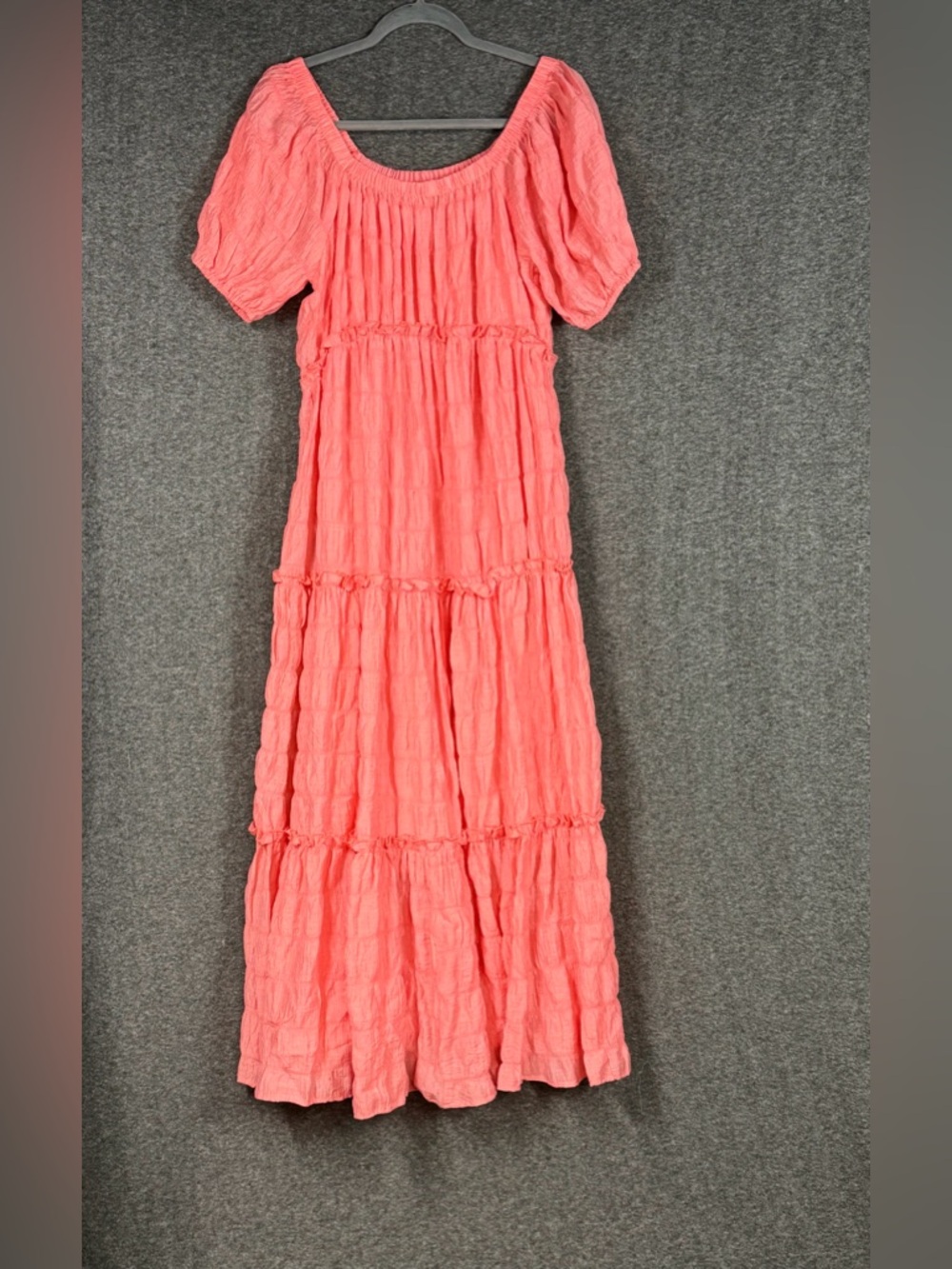 Umgee Coral Pink Tiered Midi Dress Puff Sleeve Smocked Boho Size L NWOT